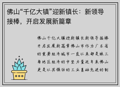 佛山“千亿大镇”迎新镇长：新领导接棒，开启发展新篇章