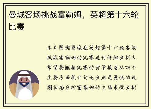 曼城客场挑战富勒姆，英超第十六轮比赛