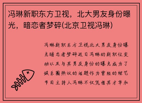 冯琳新职东方卫视，北大男友身份曝光，暗恋者梦碎(北京卫视冯琳)