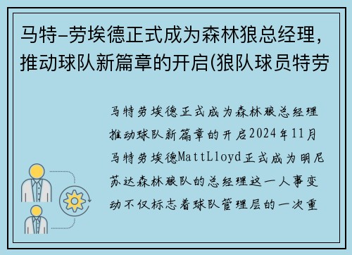 马特-劳埃德正式成为森林狼总经理，推动球队新篇章的开启(狼队球员特劳雷)
