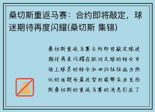 桑切斯重返马赛：合约即将敲定，球迷期待再度闪耀(桑切斯 集锦)