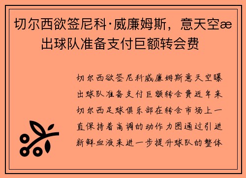 切尔西欲签尼科·威廉姆斯，意天空曝出球队准备支付巨额转会费